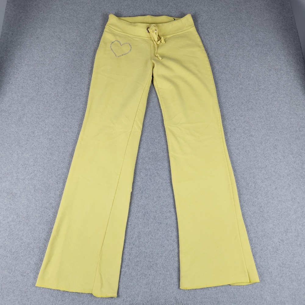rue21 Sweatpants Womens Small Yellow New York Rhinestone Heart Y2K Drawstring